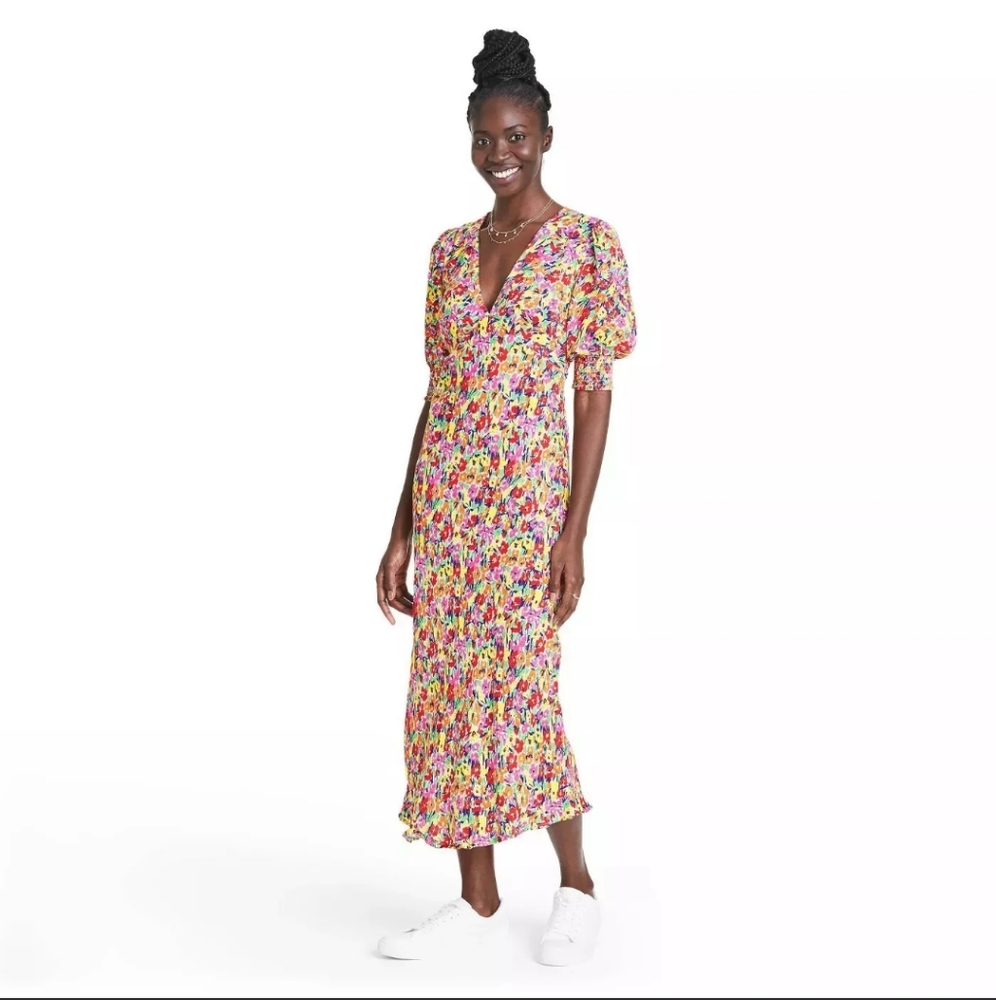 Sz 8 10 RIXO Floral Puff Sleeve Dress Rainbow